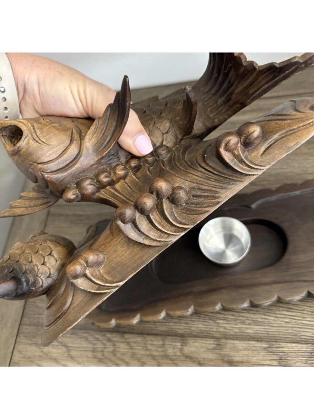 Smoking Carp Leaping Over The Dragon Gate Boxwood Hand Carved Vtg Decor Candle - Picture 12 of 16